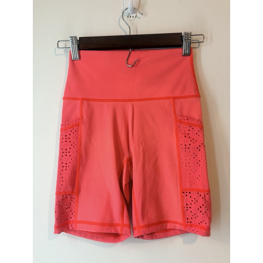 Aerie Chill Play Move Biker Shorts Women's Small Neon Pink Laser Cut Activewear